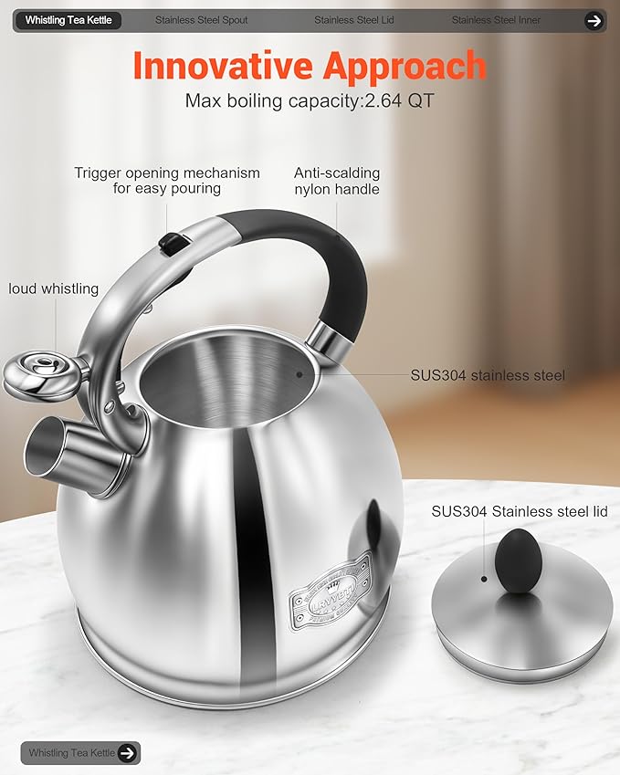 Whistling Tea Kettle for Stovetop, (2.64 Quart-Mirror） Food Grade Stainless Steel Teapot of 5-layer base
