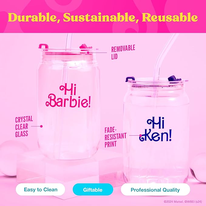 Dragon Glassware x Barbie The Movie - 16 oz Glass Cups with Lids and Straws, Set of 2 - Iced Coffee Cups with Lids - Glass Tumbler with Straw and Lid for Hot, Cold Drinks - Hi Barbie! Hi Ken!