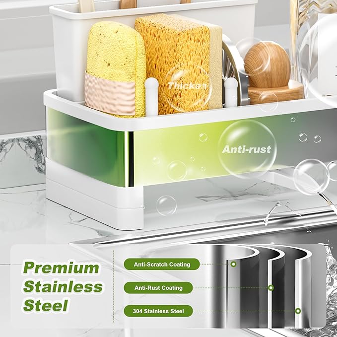 Ewaiira Stainless Steel Sink Caddy, Sponge Holder for Kitchen Sink with Brush Holder & Dishcloth Rack, Rustproof Organizer Countertop, Soap Dispenser Kitchen Organizers Storage Essentials, White 9.8″