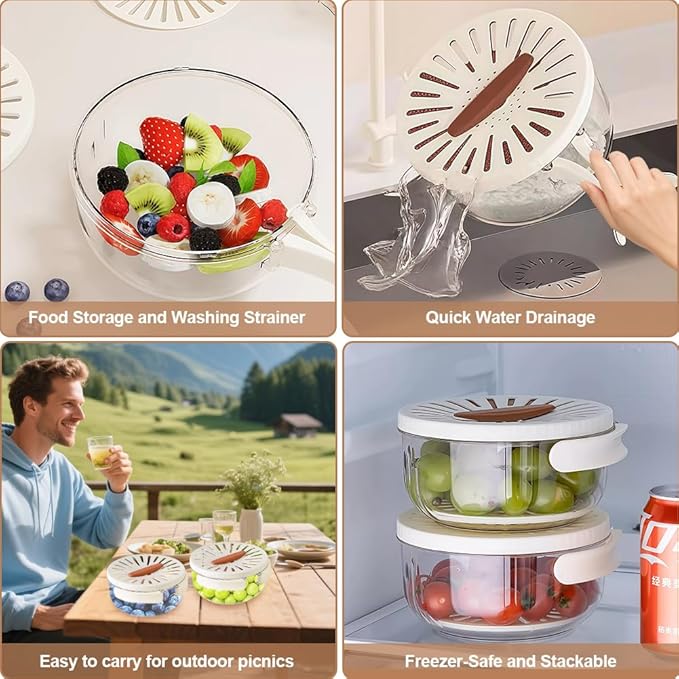 Multifunctional Fruit Washing Bowl,2 in 1 Drainer and Strainer,Foldable Handle Drain Basket with Lid,Kitchen Colanders & Food Strainers, Suitable for Washing Fruits and Vegetables