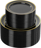 NOCCUR 200PCS Black and Gold Plastic Plates for 100 Guests - Include 100PCS 10" Dinner/ 100PCS 7" Dessert Disposable Plates Heavy Duty - Ideal for Party/Birthday/New Year
