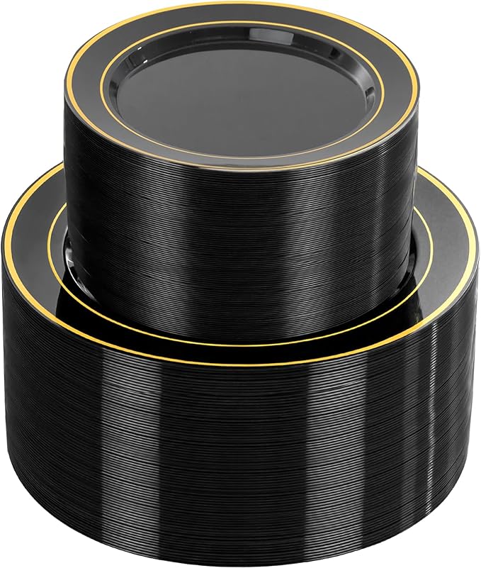 NOCCUR 200PCS Black and Gold Plastic Plates for 100 Guests - Include 100PCS 10" Dinner/ 100PCS 7" Dessert Disposable Plates Heavy Duty - Ideal for Party/Birthday/New Year