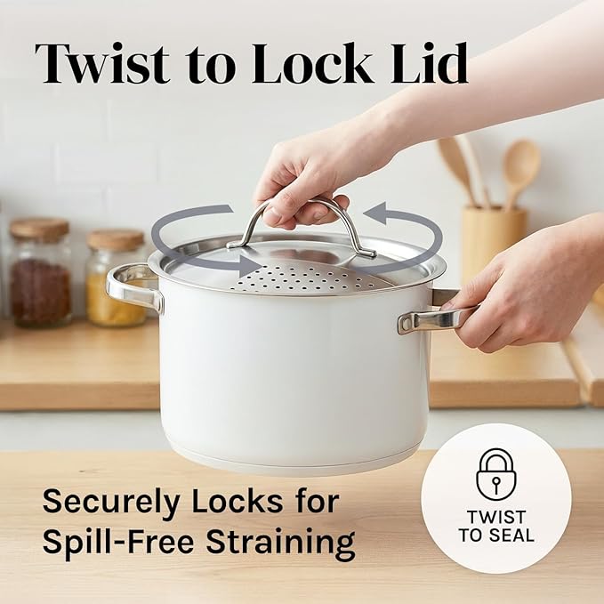 Cooler Concepts Pasta Pot with Strainer Lid - 5.5 Quart Large Spaghetti Pot - Twist & Lock for Easy Drain & No Colander Or Strainer Basket Insert Needed - Dishwasher Safe Pots