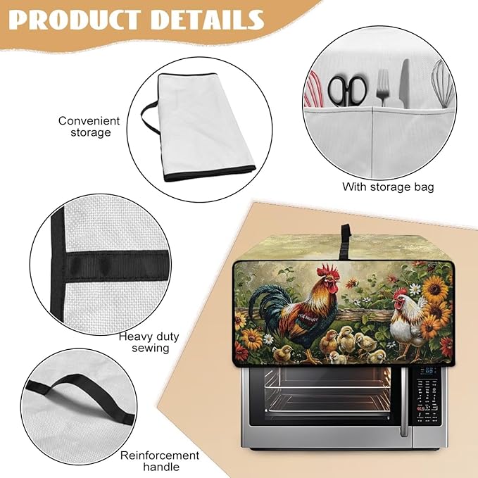 Rooster Sunflower Print Toaster Oven Dust-proof Cover Heat-Resistant Kitchen Small Appliance Air Fryer Covers Universal Washable Microwave Oven Covers (Large-18.5 * 22.5 * 12.99 inches)