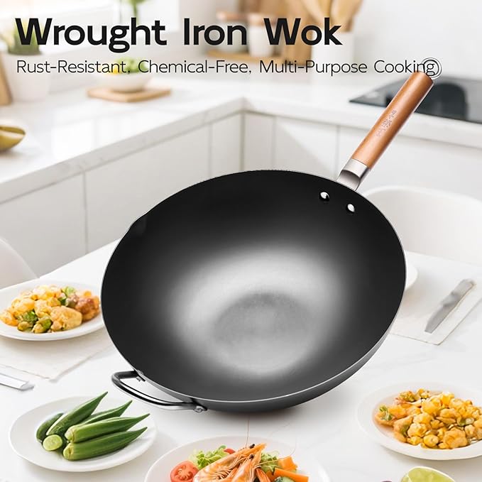 WANGYUANJI 14.2" Flat-Bottom Iron Wok with Glass Lid, Uncoated Stir-Fry Pan, Rapid-Heating Refined Iron, Induction/Gas/Electric Compatible, Wooden Handle (Seasoning Required)