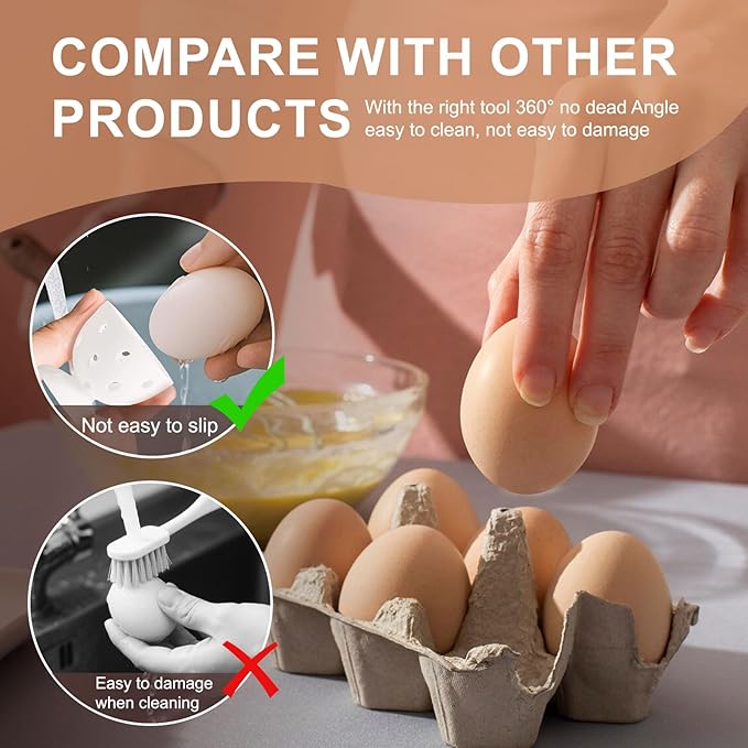 wonlex 4PCS Egg Brush Cleaner Multipurpose Fruit and Vegetable Rotating Scrubber Tool for Fresh Eggs, Reusable Chicken Duck Egg Washer Scrubber (White+Yellow)