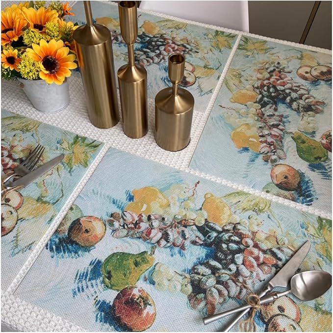 Art-Inspired Washable PVC Placemats Set of 6, Heat-Resistant Non-Slip Table Mats for Kitchen Dining Table Decor (Grapes, Lemons, Pears, and Apples)
