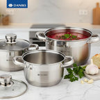Daniks Standard 6-Piece Stainless Steel Induction Cookware Set, Dishwasher Safe Pots, Measuring Scale, Glass Lids, For Soup, Pasta, Stew, Silver