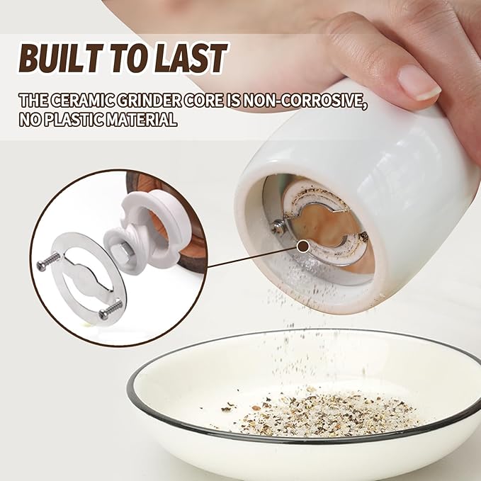 SHIKORI Manual Wooden Salt and Pepper Mills Shakers, 6.5 inch Salt and Pepper Grinders Set,Ceramic Rotor with Strong Adjustable Coarseness-Set-2 Pcs
