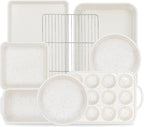 Vinino 8-Piece Baking Pans Set Nonstick, Bakeware Set includes Silicone Muffin, Loaf, Cake Pans with Metal Reinforced Frame, and Carbon Steel Roasting Pan, Cookie Sheet, Cooling rack for Oven-Cream