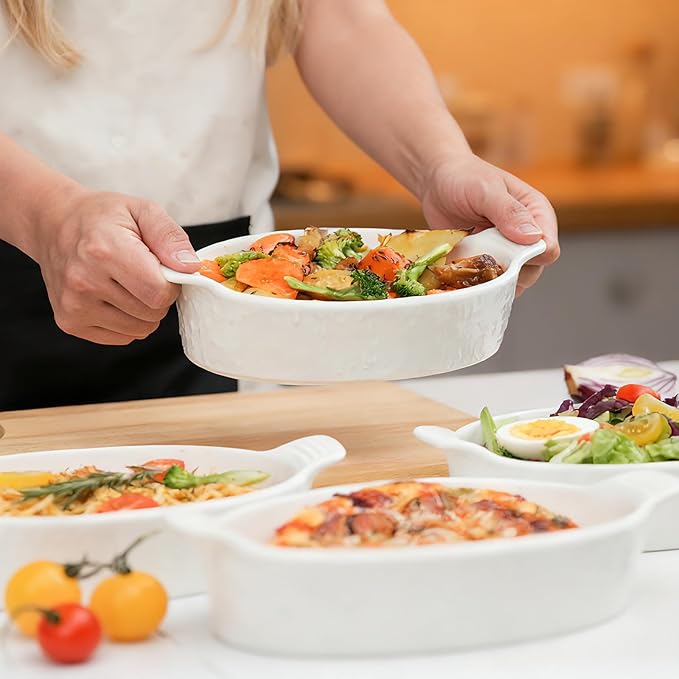 TONGDAHE Oval Au Gratin Baking Dishes Set of 4 9" x 5" 19 oz Classic white Ceramic Oven Safe & Heat Resistant With Handles for Small Mini Casseroles Cooking & Serving
