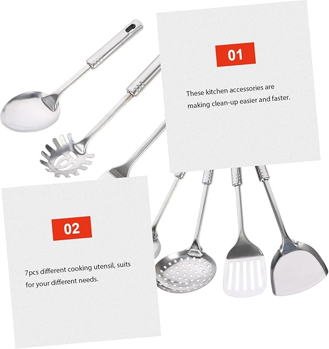 7-Piece Stainless Steel Kitchen Utensil Set Ladle Strainer and Spatula Sturdy Cooking Tools for Home Chefs for Soup Frying and Serving