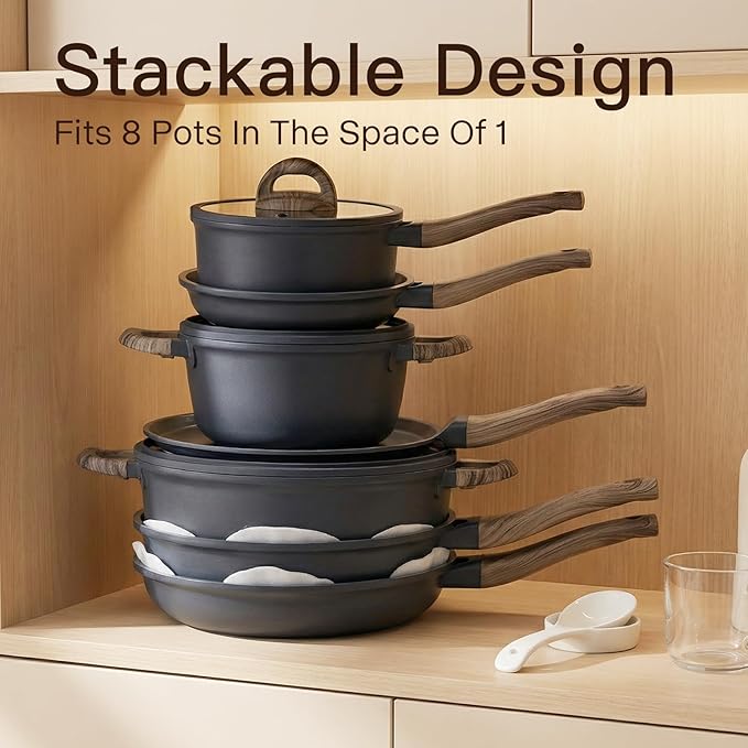 Pots and Pans Set Nonstick 22 Pcs, Ceramic cookware set Non-Toxic CoatingGray Granite Kitchen Cookware Set, Induction Kitchen Cooking Set w/Frying Pans, Saucepans & Glass Lids, PFOS & PFOA Free