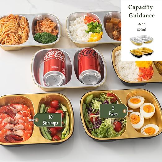 Divided Aluminum Foil Takeout Containers with Lids (5 Pack) – 2X Thicker Heavy Duty Black Compartment Food Trays for Bento, Meal Prep, School Lunch & To-Go Meals, 27oz