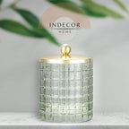 Sage Colored Tranlucent Apothecary Etched Geometric Grid Glass Jar W/Gold Metal Lid Cover for Bathroom Organization, Cotton Balls, Q Tips, and Small Accessories, Bathroom Storage