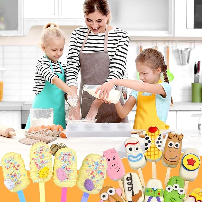 Juome Cake Pop Mold Kit, 8 Cavities Small Cakesicle Molds Silicone with 100 Wooden Sticks & 100 Packaging Bags with Ties, Cake Pop Maker Supplies Accessories, Baking Tools for Home Baking Desserts