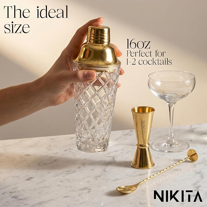 Nikita Cocktail Shaker, 5-Piece Martini Shaker & Bartender Kit with Bar Accessories Strainer, Jigger, Spoon & Muddler, Gold 16oz Drink Mixer with Bartender Accessories