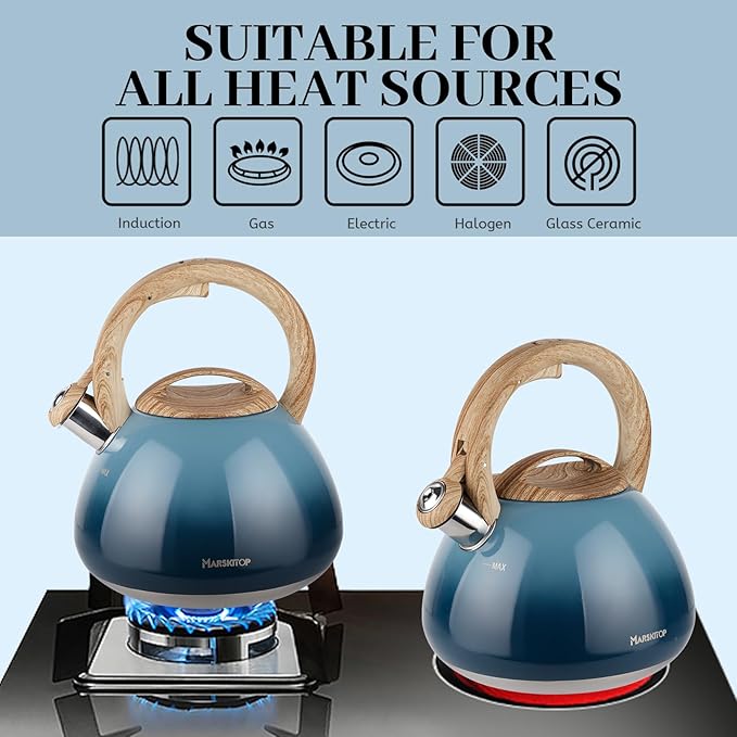 MARSKITOP Tea Kettle Stovetop Whistling Tea Pots for Stove Top Food Grade Stainless Steel Teapot for Induction Cooktop, 2.6 Quart, Blue