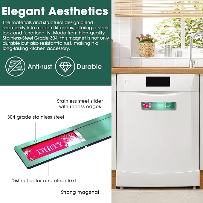 Christmas Dishwasher Clean Dirty Sign - Red & Green Clean Dirty Magnet for Kitchen Decor & Home Organization Gift, Easy Slide with Extra Tape (Green-06)