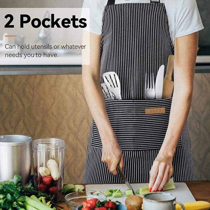 NLUS 2 Pack Kitchen Cooking Aprons, Adjustable Bib Soft Chef Apron with 2 Pockets for Men Women (Black Pinstripes)