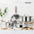 CAROTE 21pcs Tri-Ply Stainless Steel Cookware Set, Pots and Pans Set, Non Toxic Induction Kitchen Cooking Sets, Cookware Collection, Mirror Polish, Gold