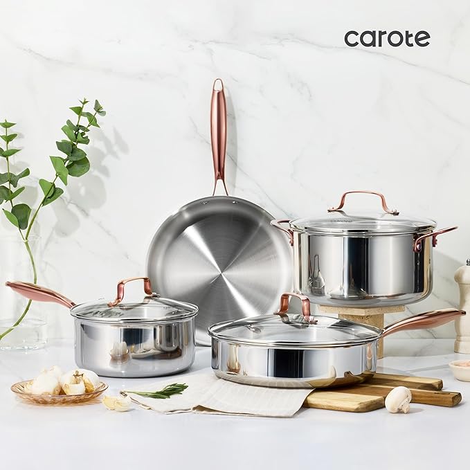 CAROTE 21pcs Tri-Ply Stainless Steel Cookware Set, Pots and Pans Set, Non Toxic Induction Kitchen Cooking Sets, Cookware Collection, Mirror Polish, Gold
