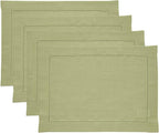 Solino Home Linen Placemats Set of 4 - Classic Hemstitch Moss Green Placemats 14 x 19 Inch - 100% Pure Linen Table Mats for Winter