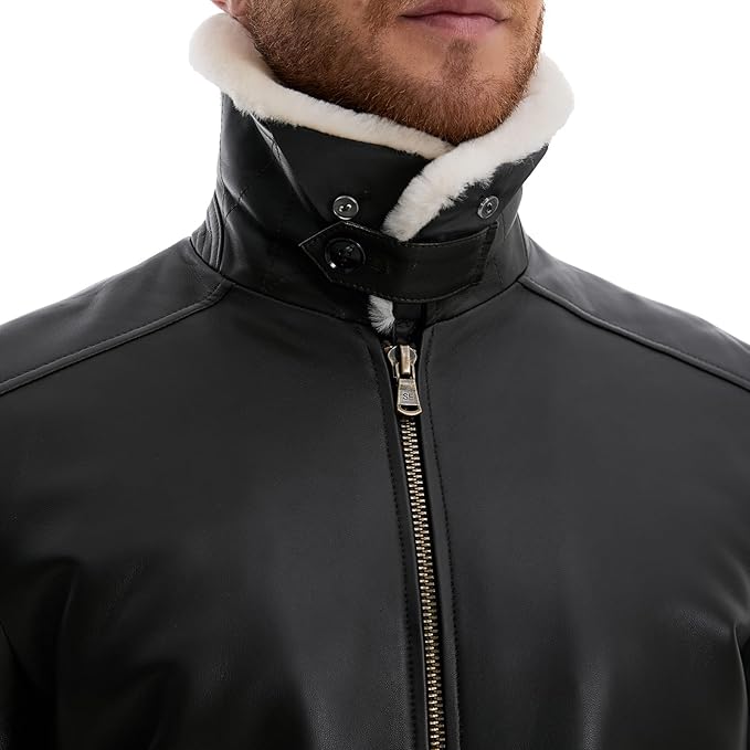Leather Jacket Men,Lambskin Bomber Jacket with Removable Real Fur Collar,Front Zip Closure, Multiple Pockets