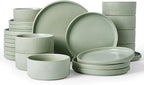 Famiware Star 24-Piece Reactive Glaze Plates and Bowls Sets, Service for 8 - Stoneware Dinnerware Set, High Edge Ribbed Dishes, Chip & Scratch Resistant, Microwave & Dishwasher Safe, Matte Sage Green