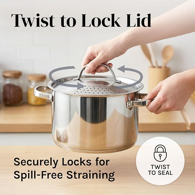 Stainless Steel Pasta Pot with Strainer Lid — 5.5 Qt Large Capacity Spaghetti Pot with Twist Lock Lid — Deep Cooking and Stock Pots for Boiling, Dishwasher Safe By Cooler Concepts