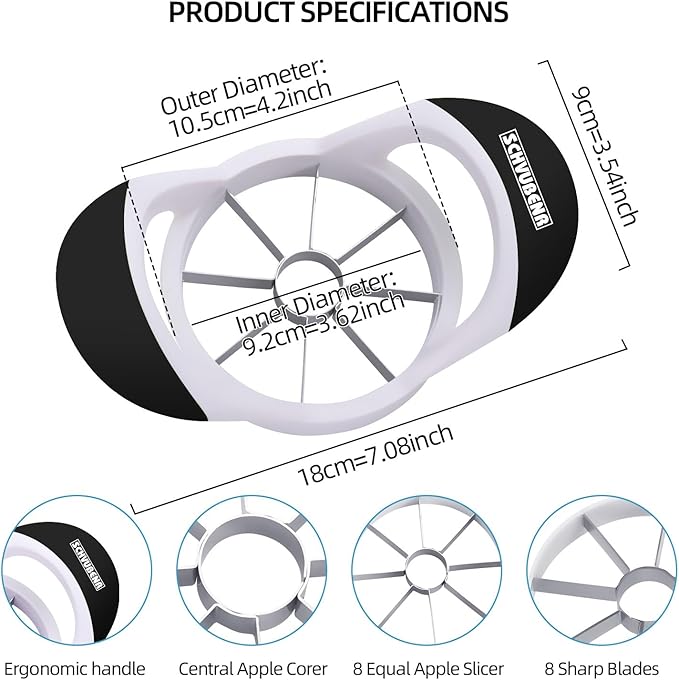SCHVUBENR 3.5 Inch Apple Slicer - Professional Apple Cutter - Stainless Steel Apple Corer - Super Sharp Apple Slicer and Corer - Apple Tool with 8 Sharp Blades(Black)