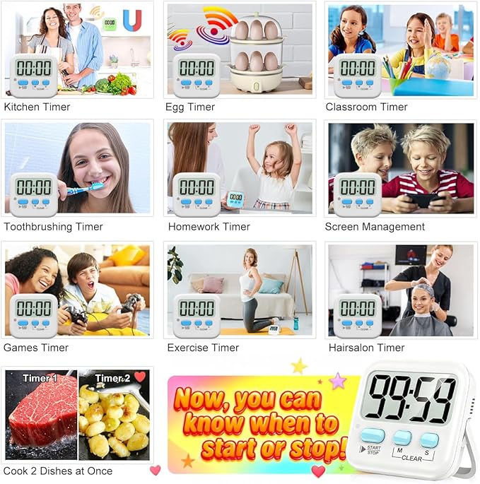 Antonki 2 Pack Digital Timer for Kids, Magnetic Countdown Kitchen Timers for Cooking, Egg, Classroom, Teacher, Exercise, Study, Oven - Battery Included