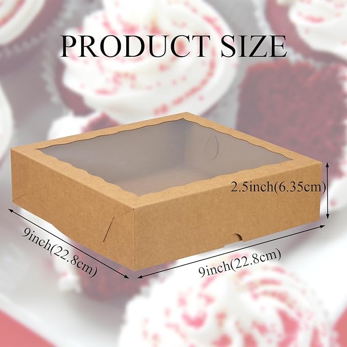 Brown Bakery Boxes with Window (36pcs, 9x9x2.5 Inch) for Christmas: Ideal for Pie, Cookies, Chocolate Covered Strawberries, Breakable Heart & Charcuterie