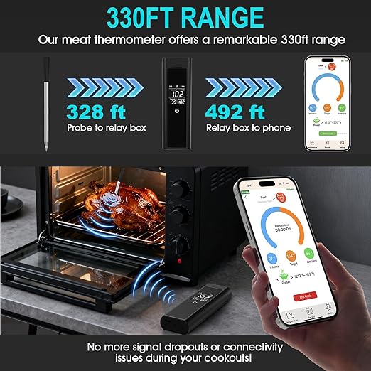 Wireless Meat Thermometer Bluetooth Digital, Smart Meat Thermometer with Booster Base, IP67 Waterproof Probe, ±1.8°F Accuracy, 100m Range, Rechargeable BBQ Cooking Thermometer for Grill, Smoker Black