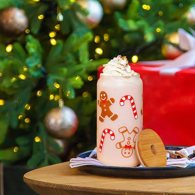 Christmas Cups, 18oz Christmas Iced Coffee Glass Cups with Lids and Straws White Elephant Gifts for Adults Colorful Xmas Tree Elk Tumbler Drinking Glasses Christmas Teacher Gifts for Women Men