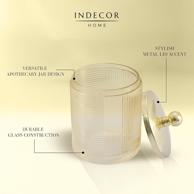 Tan Colored Tranlucent Apothecary Ribbed Geometric Etched Glass Jar W/Gold Metal Lid Cover for Bathroom Organization, Cotton Balls, Q Tips, and Small Accessories, Bathroom Storage