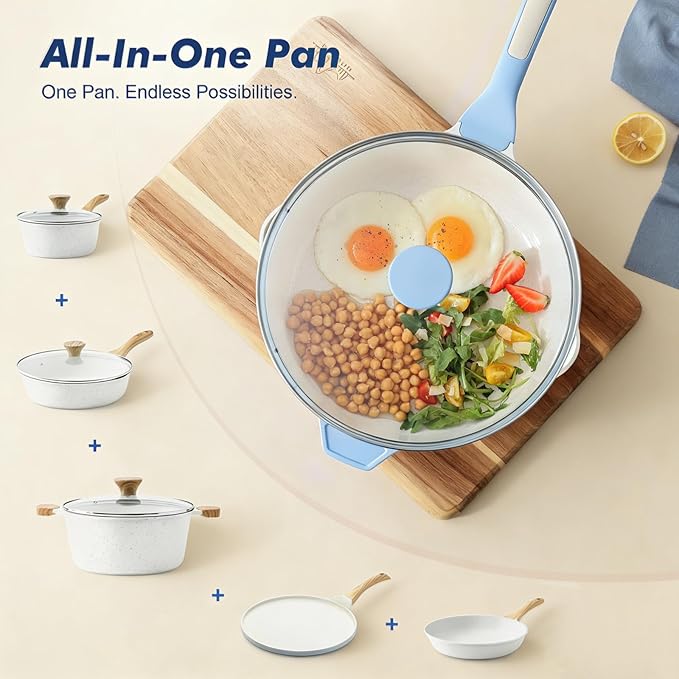 SENSARTE Nonstick Ceramic Skillet with Lid 12-inch, 5QT Non Toxic Deep Frying Pan, Saute Pan with Lid, Stay-cool Handle, Healthy Cooking Pot, Induction Compatible, Blue