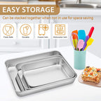 E-far Baking Pans Set of 3, Stainless Steel Sheet Cake Pan for Oven - 12.5/10.5/9.4Inch, Rectangle Bakeware Set for Cake Lasagna Brownie Casserole Cookie, Non-toxic & Healthy, Dishwasher Safe