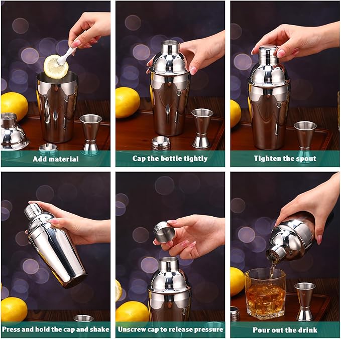 Umigy Cocktail Shaker Set Martini Shaker Bulk Stainless Steel Martini Mixer with Strainer and Double Measuring Jigger for Bar Party Home Use Wine Bar(18 Oz/ 550 ml,2 Packs)