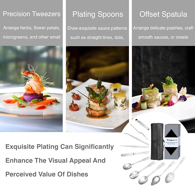 | Plating Tools Culinary Set | 11 Piece Professional Chef Plating Tools Pro Kit | Kitchen Plating Utensils | Modernist Cuisine Food Art | Stainless Steel | Black (Silver)
