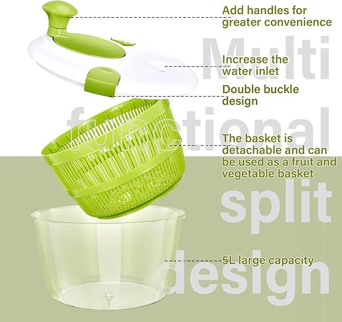 5Qt High-Efficiency Salad Spinner & Vegetable Dehydrator -Quick-dry salad spinner,Manual Kitchen Tool for Lettuce,Berries,Quick Spin Dry Vegetables