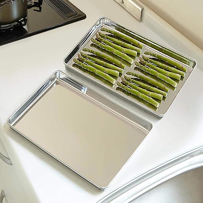 TeamFar Baking Sheet Set of 2, Baking Pans Tray Cookie Sheet Stainless Steel, Non Toxic & Healthy, Mirror Finish & Rust Free, Easy Clean & Dishwasher Safe