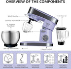 Multifunctional Stand Mixer, 6 in 1 Stand Mixer, 6.3Qt Tilt-head, Standing Mixer with Stainless Steel Bowl, Meat Grinder, Juice Blender, for professional Baking and Most Home Cooks, Purple
