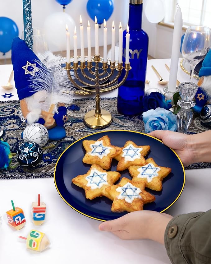 PULOTE 200 Pieces Blue Plastic Plates - Navy Blue and Gold Disposable - Include 100PCS 10 inch Dinner & 100PCS 7 inch Dessert Plate for Party & Hanukkah