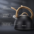 MARSKITOP Whistling Tea Kettle for Stove Top 2.6 Quart, Food Grade Stainless Steel Tea Pot for Stove Top with Anti-Hot Handle, Black
