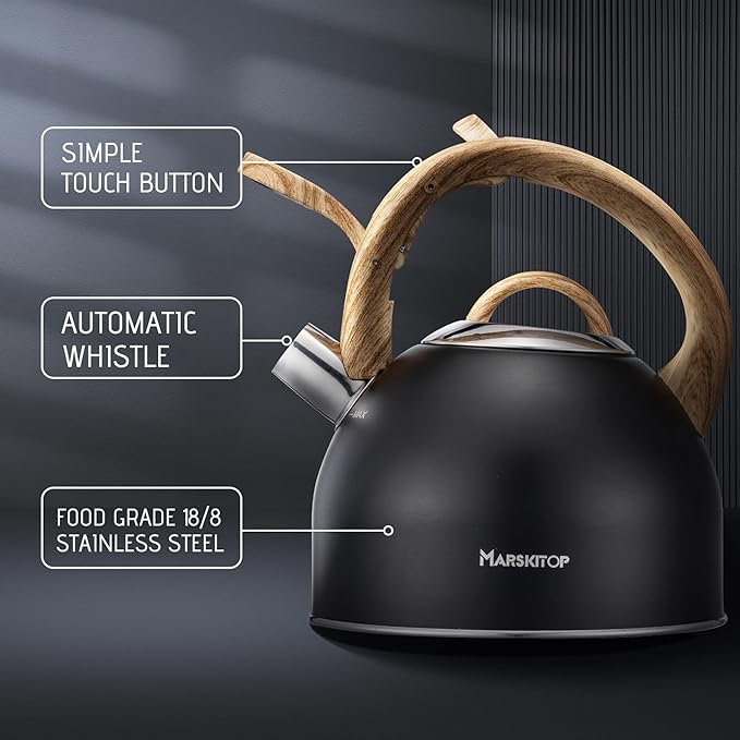 MARSKITOP Whistling Tea Kettle for Stove Top 2.6 Quart, Food Grade Stainless Steel Tea Pot for Stove Top with Anti-Hot Handle, Black