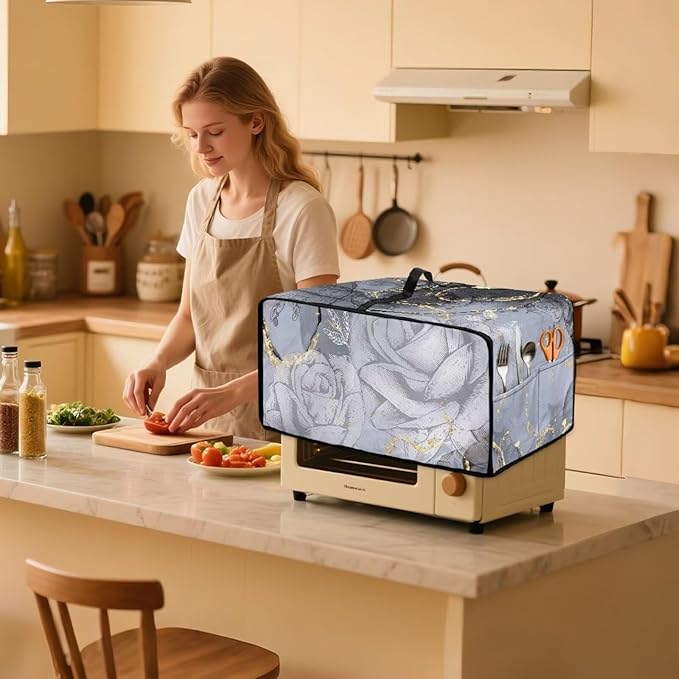 Marble Rose Flower Print Toaster Oven Cover, Stain-Resistant Air Fryer Cover with Storage Pocket, Kitchen Decorative Oven Protector, Black Grey Gold, (Large-18.5*22.5*12.99 inches)