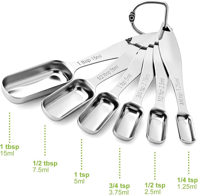 FANGSUN Stainless Steel Narrow Measuring Spoons, Metal Measuring Spoons with Long Handle and Engraved Measurements Set of 6, For Dry or Liquid, Fits in Spice Jar