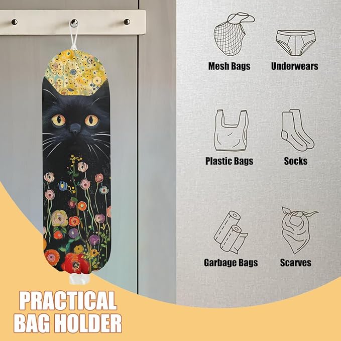 Flower Cat Plastic Bag Holder, Wall Mount Grocery Bag Holder, Plastic Storage bag, Pull Rope Free Adjustment, Plastic Bag Holders for Grocery Bags, Plastic Bag Dispenser for Home Kitchen Cabinet