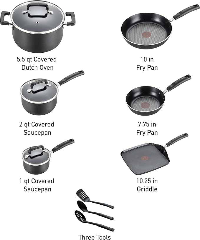 T-Fal Signature Nonstick Pots and Pans Set 12 Piece, Oven Broiler Safe 350F, Kitchen Cookware Set w/Fry Pans, Saucepans, Saute Pan, Dutch Oven, Griddle, Kitchen, Home, Dishwasher Safe, Black